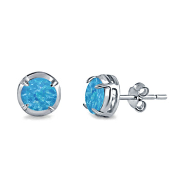 Solitaire Stud Earring Round Lab Created Blue Opal 925 Sterling Silver (6.3mm)